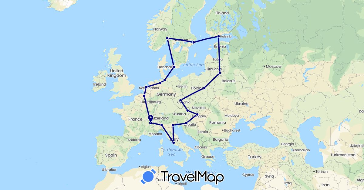 TravelMap itinerary: driving in Austria, Belgium, Czech Republic, Germany, Denmark, Finland, France, Croatia, Hungary, Italy, Lithuania, Netherlands, Norway, Poland, Sweden (Europe)