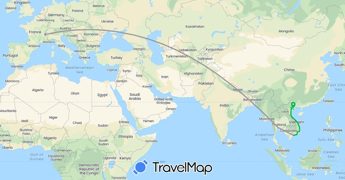 TravelMap itinerary: driving, bus, plane in France, Cambodia, Thailand, Vietnam (Asia, Europe)